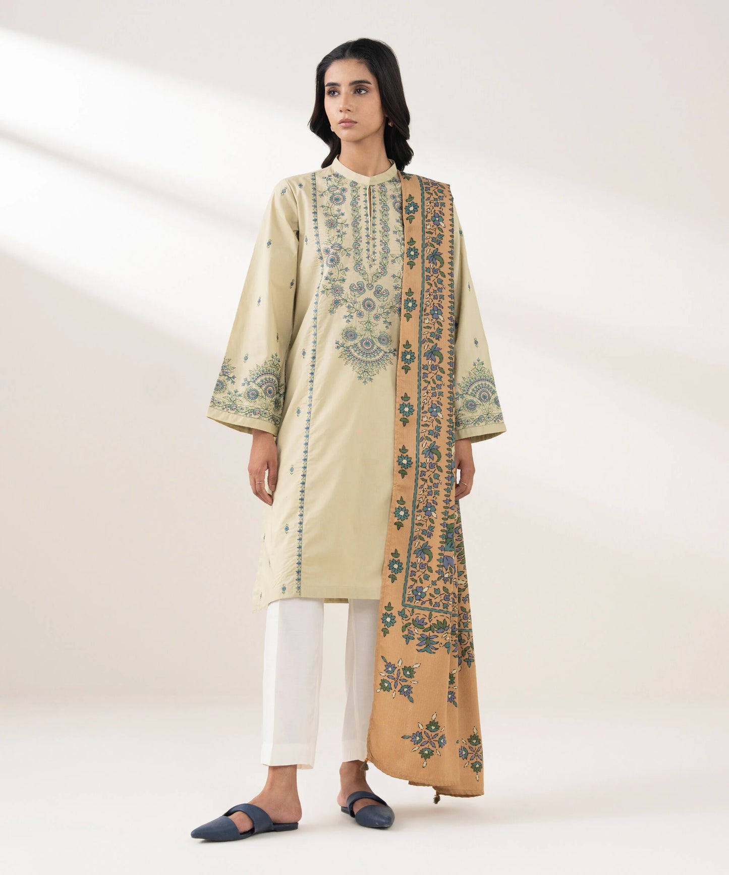 2 Piece - Embroidered Cotton Suit