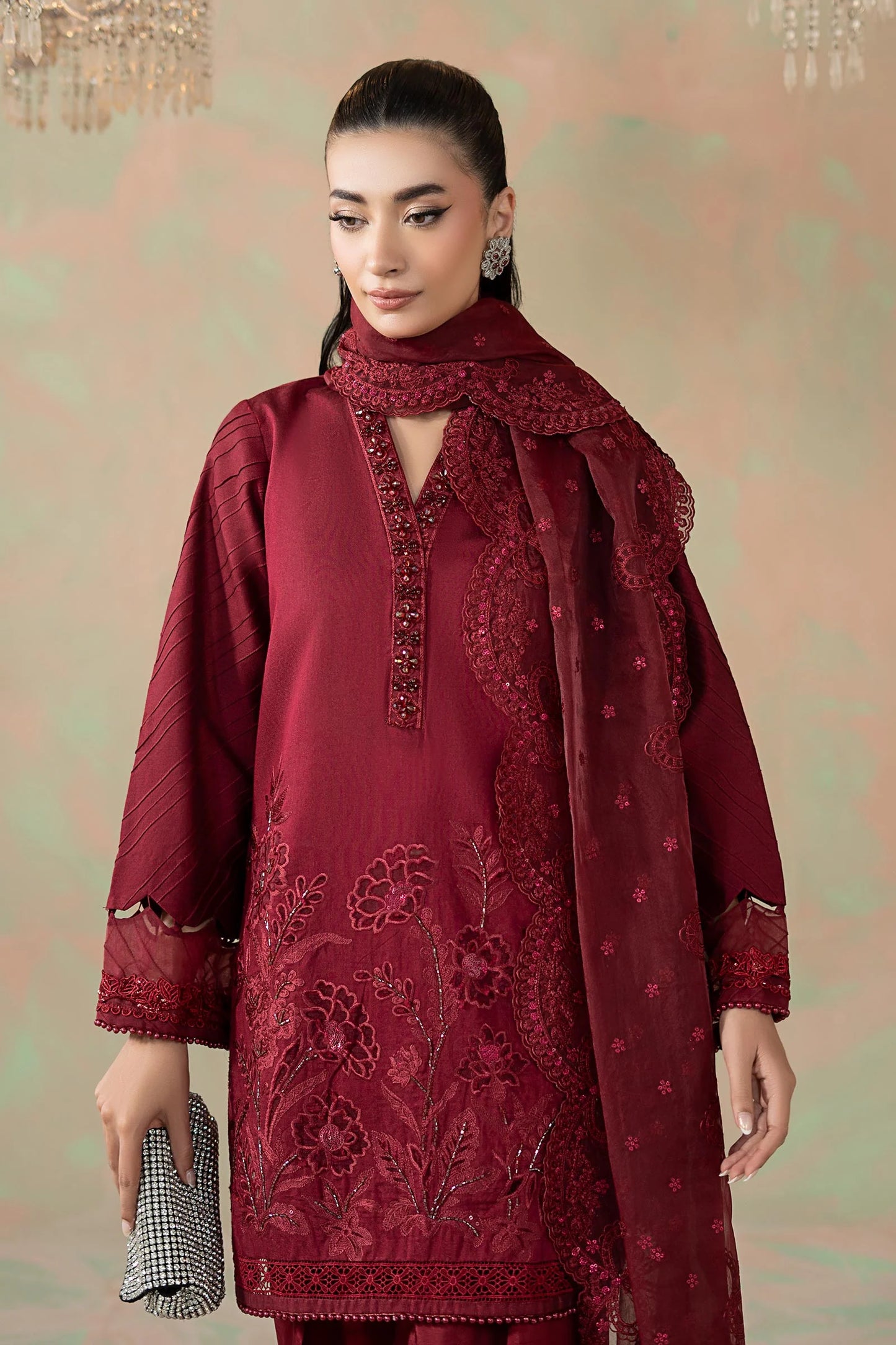 NAFSARA: 3 Piece Embroidered Silk Net Suit: LP-02