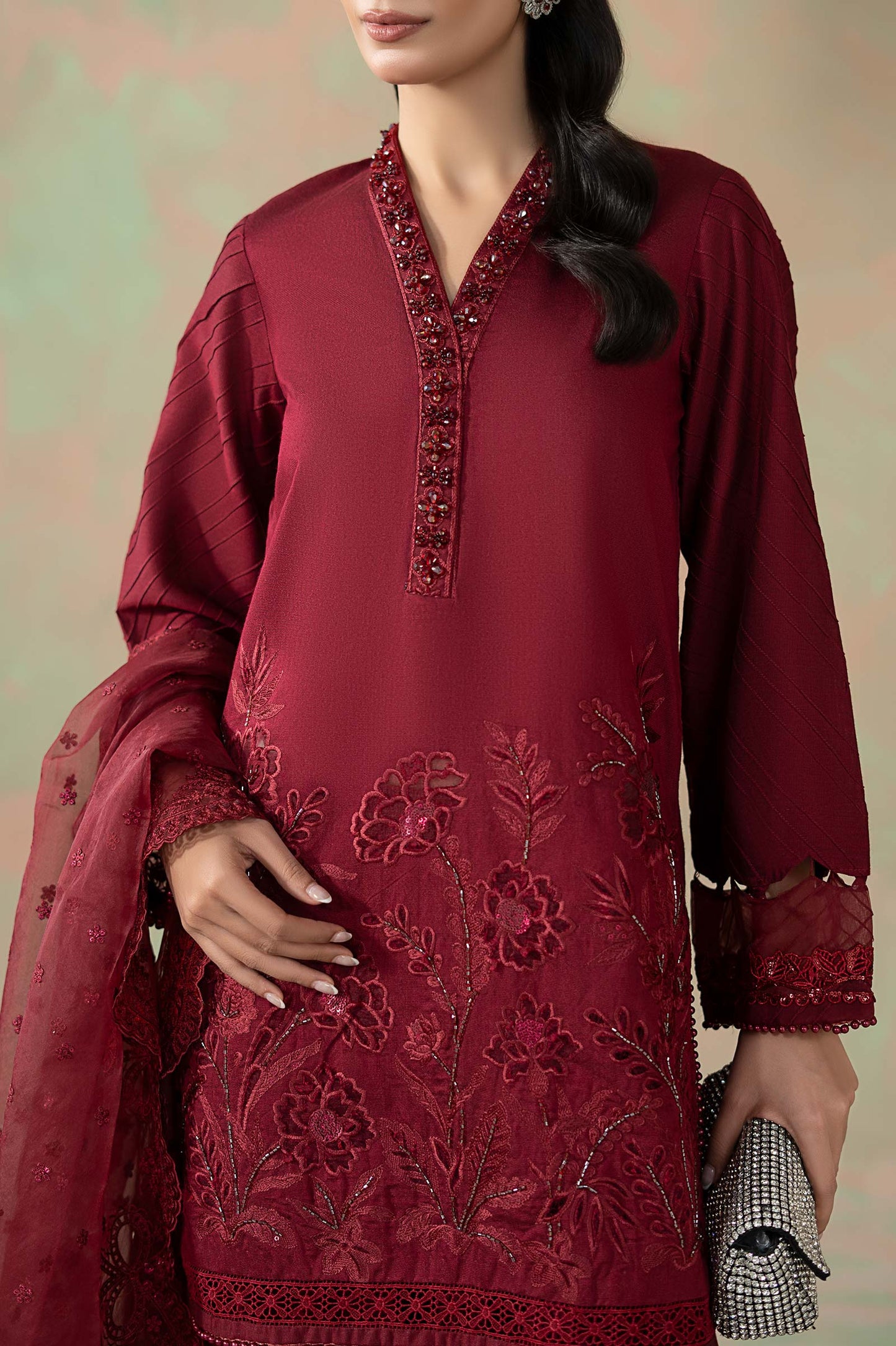NAFSARA: 3 Piece Embroidered Silk Net Suit: LP-02