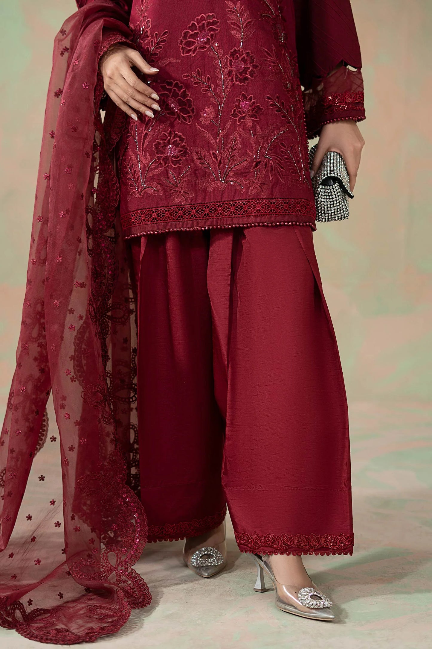 NAFSARA: 3 Piece Embroidered Silk Net Suit: LP-02