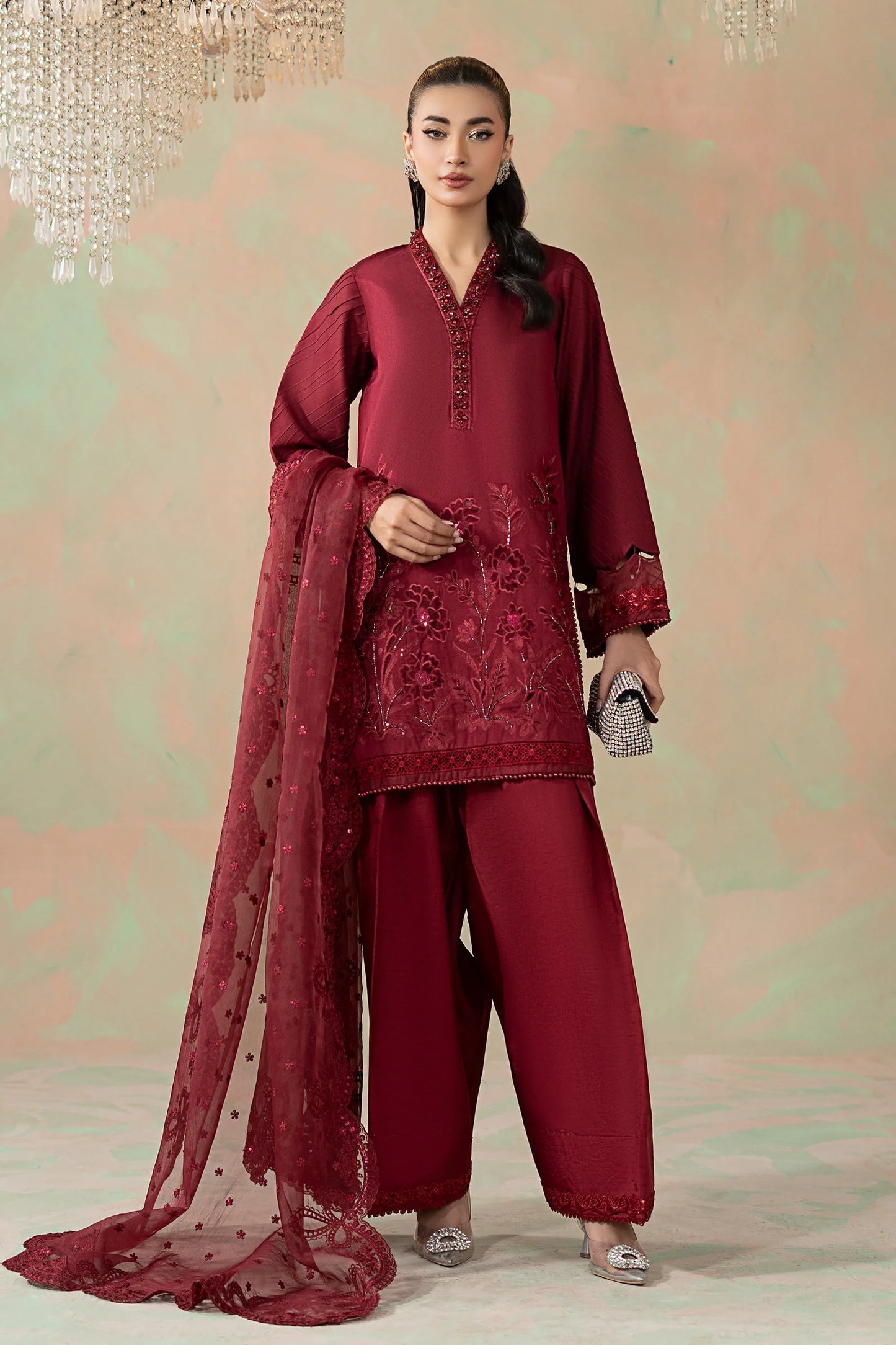 NAFSARA: 3 Piece Embroidered Silk Net Suit: LP-02