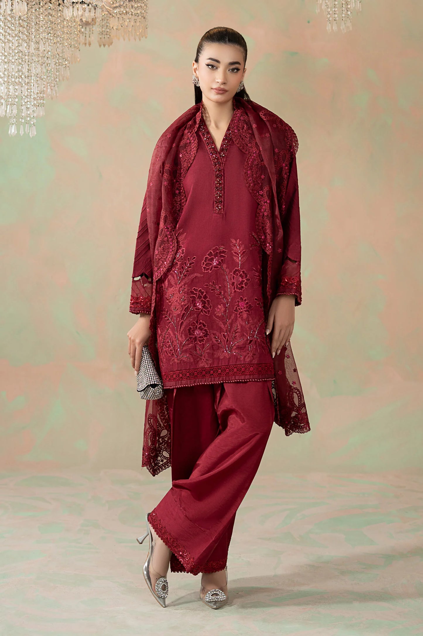 NAFSARA: 3 Piece Embroidered Silk Net Suit: LP-02